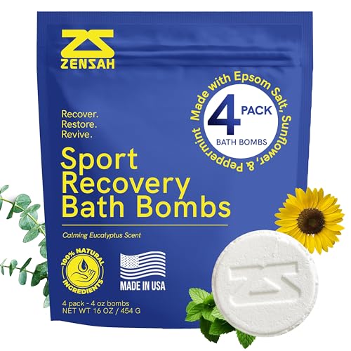 Zensah Sport Recovery Bath Bombs - Eucalyptus Magnesium Epsom Salt For Muscle Relief (4 Count)