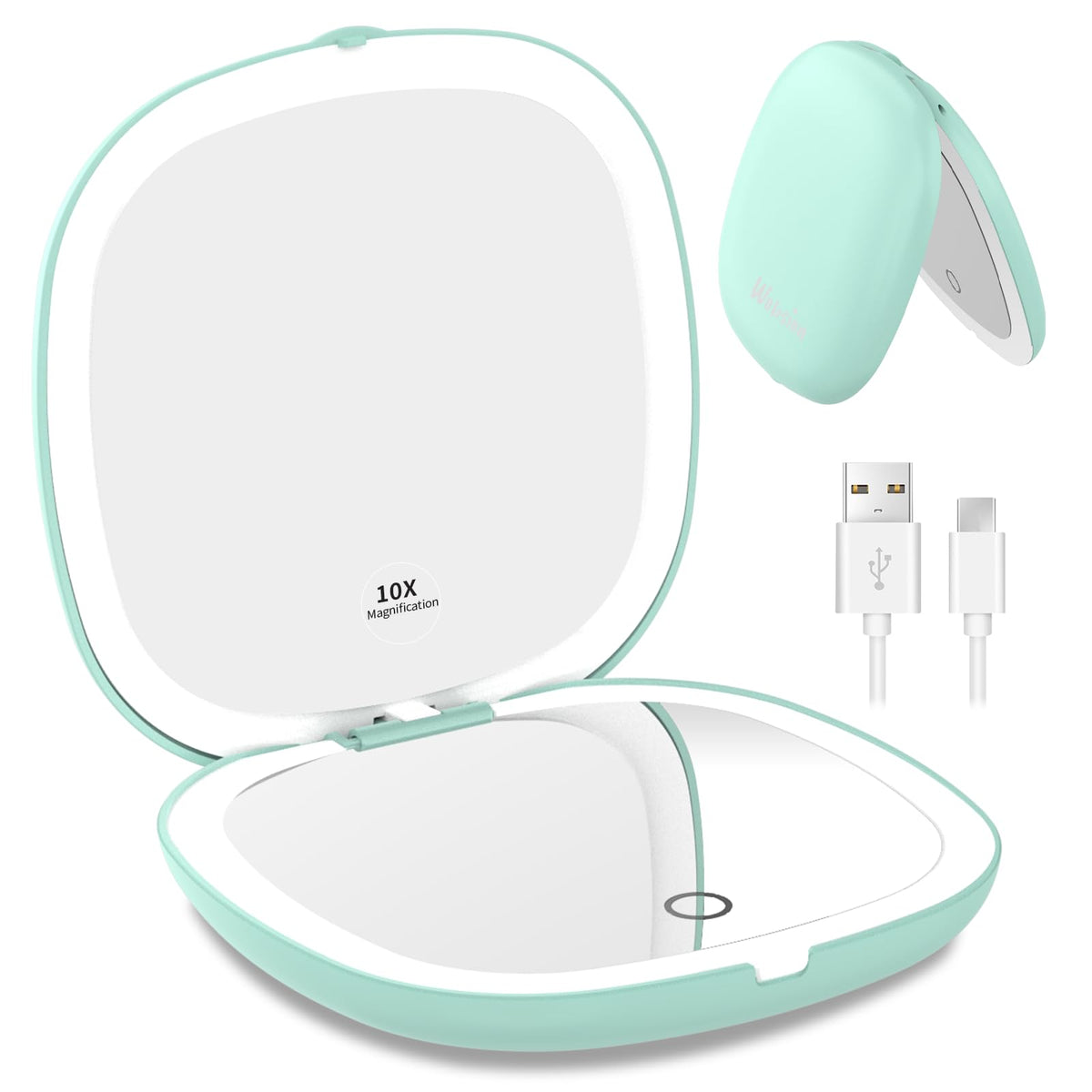 Wobsion Lighted Makeup Mirror, 1X/10X Magnification, Portable Folding Travel Mirror, Cyan