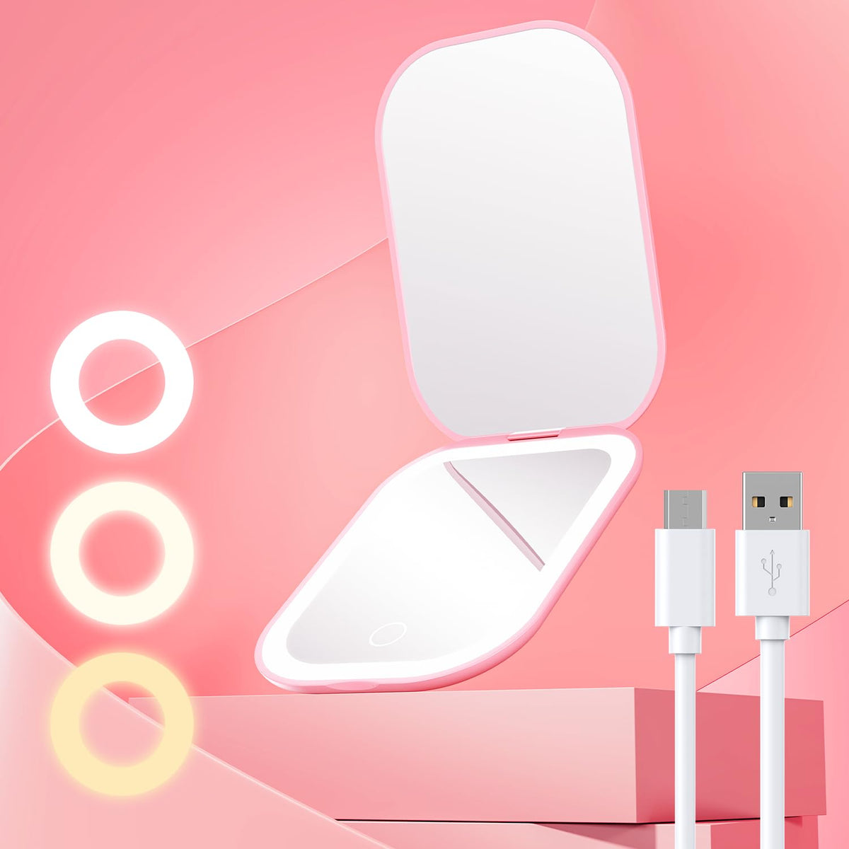 Gospire Ultra-Slim Pink Led Travel Makeup Mirror With 3X Magnification & Adjustable Brightness