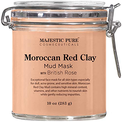 Majestic Pure Moroccan Red Clay Facial Mud Mask With British Rose - 10 Oz Natural Skin Care