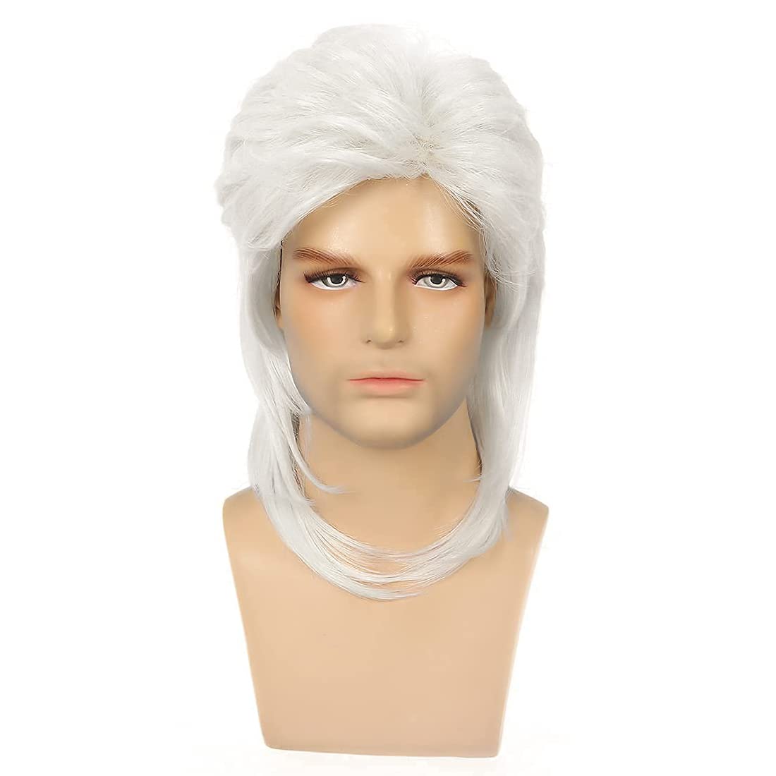 Baruisi Silver White Mullet Wig For Men - 80S Cosplay Halloween Fancy Dress 22.5 Inch