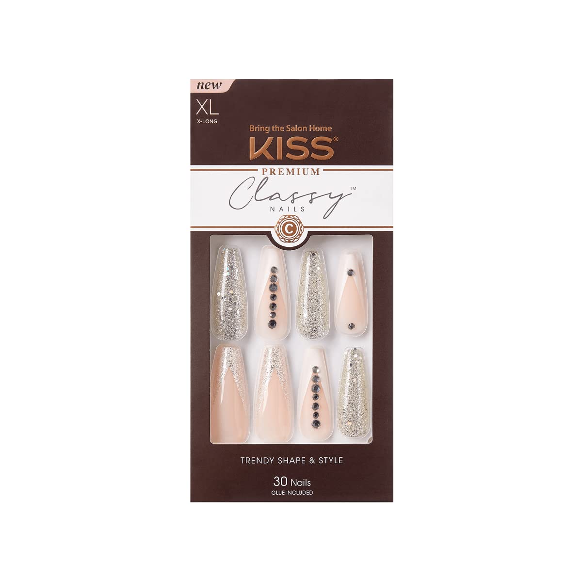 Kiss Extra-Long Sophisticated Silver Coffin Press On Nails With Glue, 30 Nails & Accessories