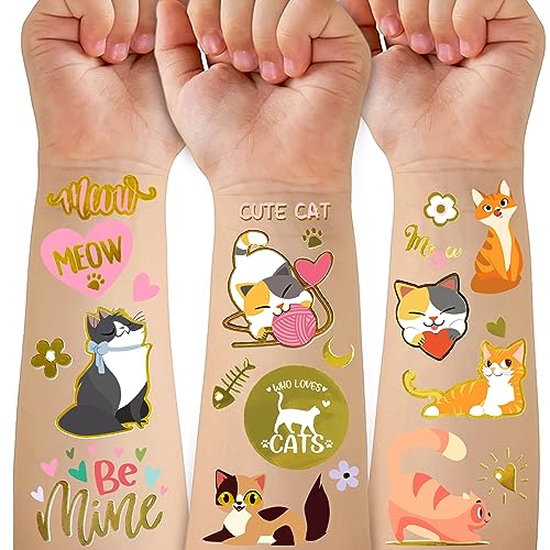 Gabizafia Metallic Temporary Tattoos For Kids - Cute Cat Stickers, Waterproof Party Decor, 4 Sheets