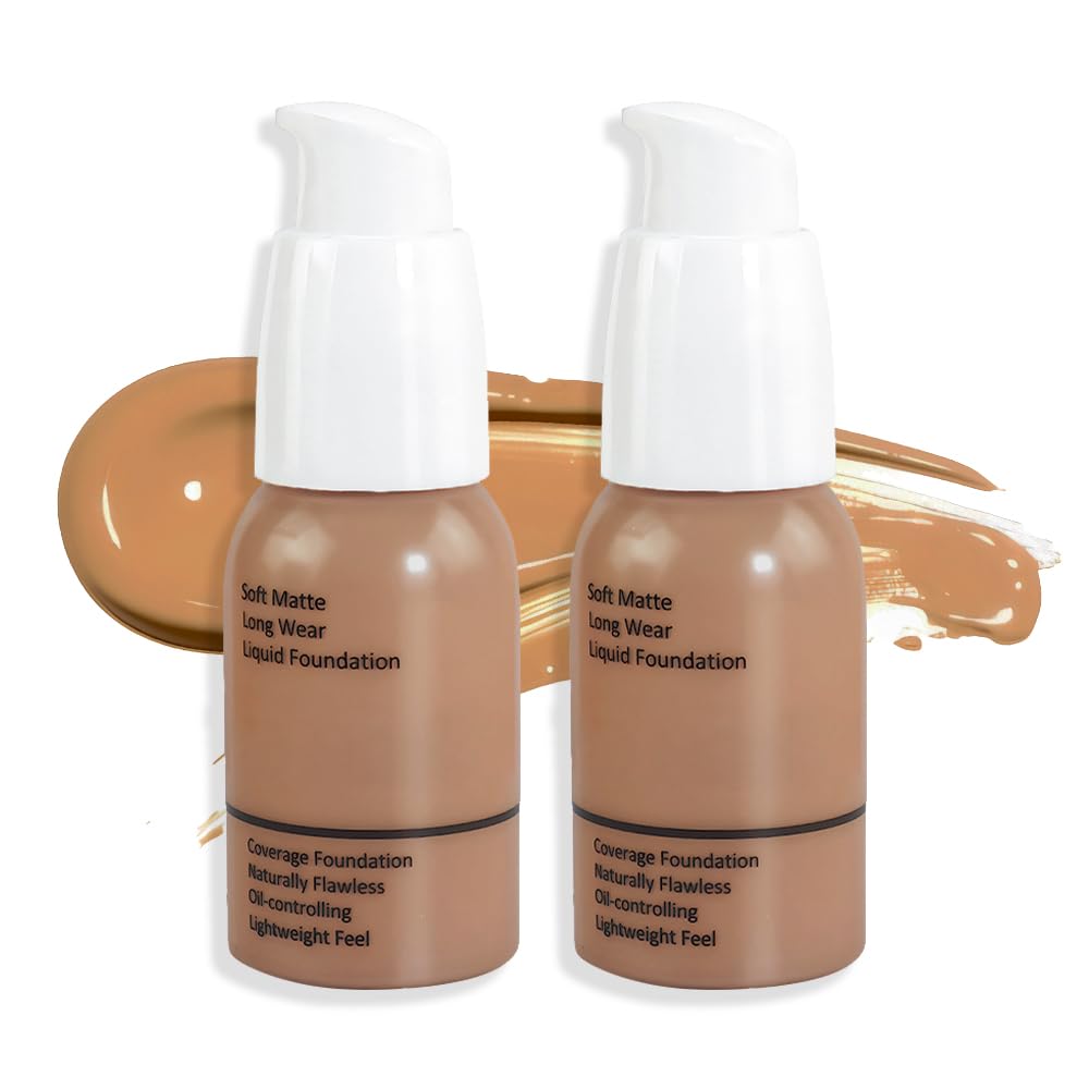 Feicuiyun 2Pcs Matte Liquid Foundation 24Hr Full Coverage Waterproof, 05#Tan