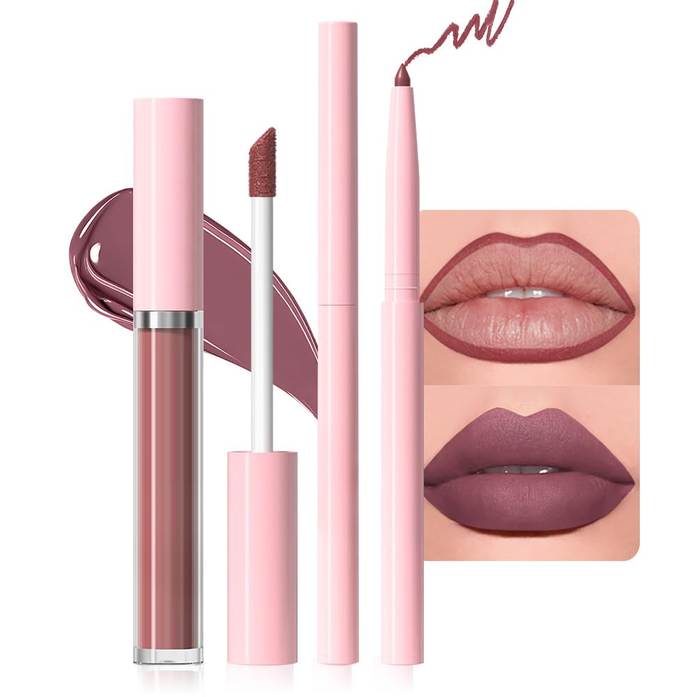 Evpct Rose Red Lip Liner & Gloss Set - Retractable, Waterproof, Long-Lasting Matte Colors