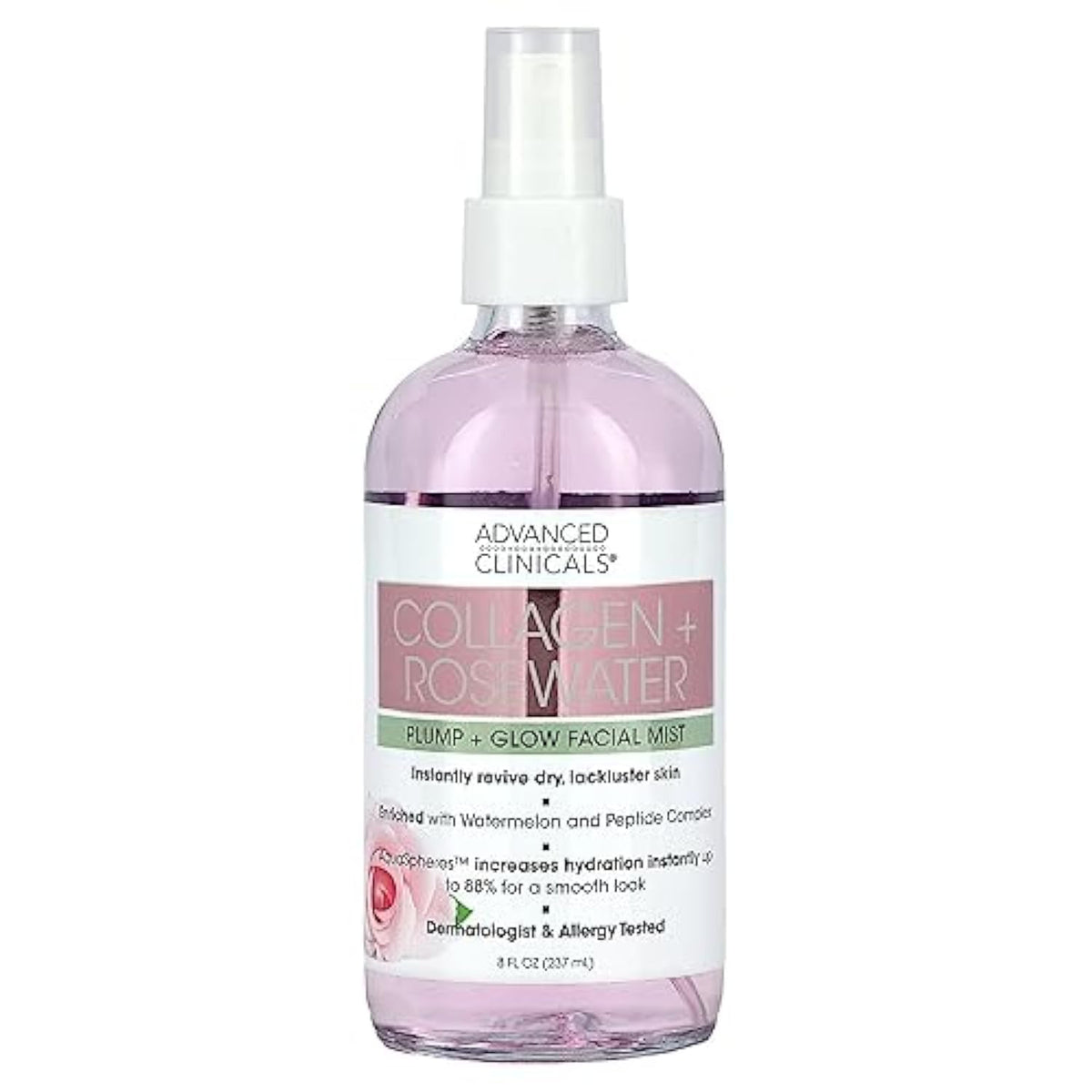 Advanced Clinicals Collagen + Rosewater Face Toner, Hydrating Mist, 8 Fl Oz, Non-Greasy Spray