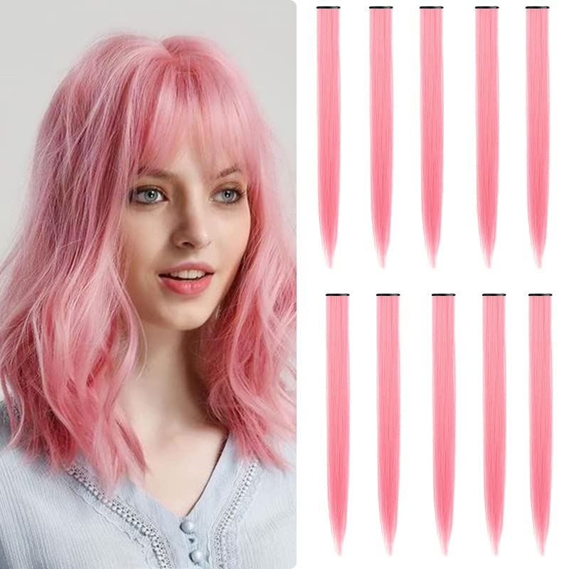 Tofafa 22&quot; Princess Pink Clip-In Hair Extensions - 10 Pcs Multi-Color Synthetic Highlights