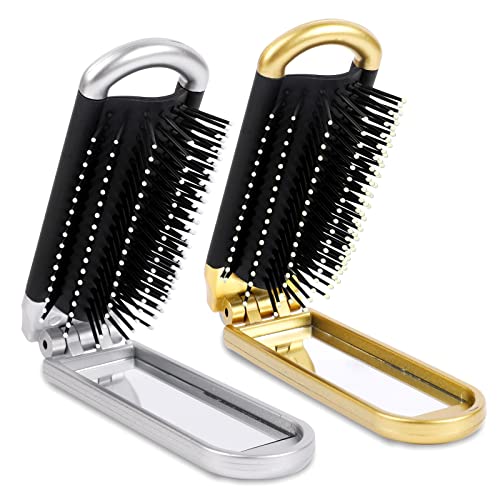 Sliverdew Travel Hair Brush Set - 2 Folding Brushes With Mini Mirror, Silver & Gold, Compact