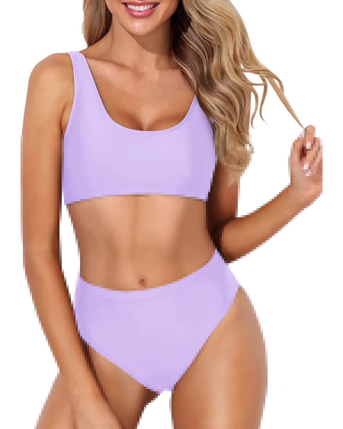 Tempt Me Lavender Purple High Waisted Bikini Set - Scoop Neck Crop Top & Bottoms, Small