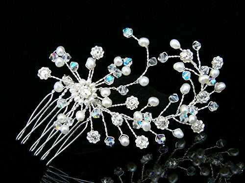 Samky Silver Handmade Bridal Wedding Tiara Comb With Crystal & Freshwater Pearls Wp06