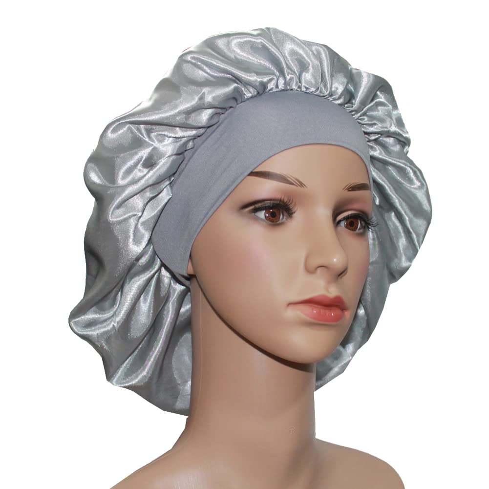 Veyrneic Silk Hair Satin Bonnet For Sleeping & Shower, Wide Elastic Band, Silver