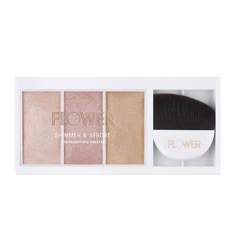 FLOWER Beauty Shimmer + Strobe Highlighting Palette - Champagne Bronzer, 3 Colors, Strobe Brush Included