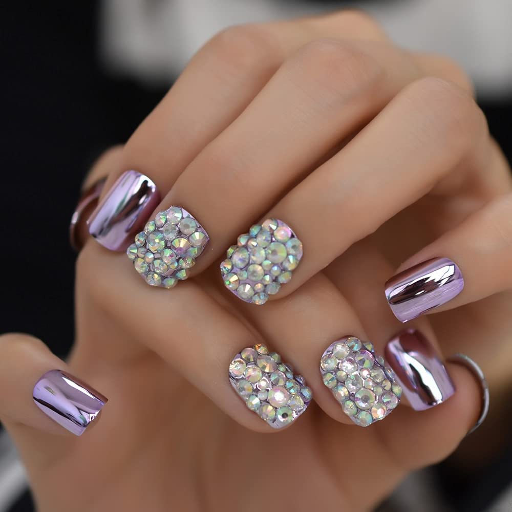 Coolnail Punk Purple Reflective Mirror Metal False French Nail Tips with AB Diamonds for Women