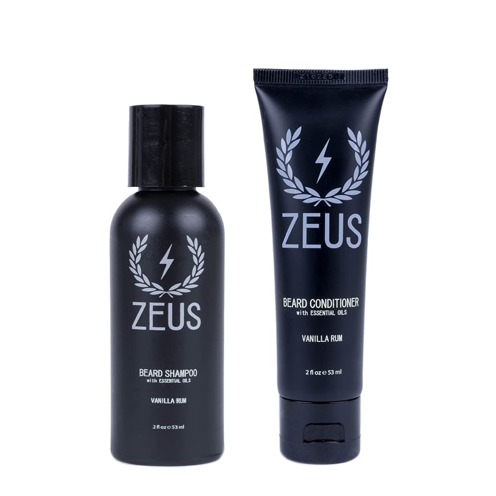 Zeus Travel Size Beard Wash & Conditioner Set For Men – Hydrate & Soften, Vanilla Rum, 2 Fl Oz