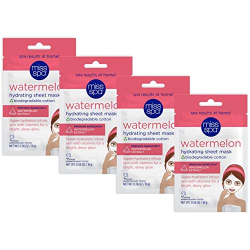 Miss Spa Watermelon Hydrating Sheet Mask, Brightening & Moisturizing, 4 Pack For Women