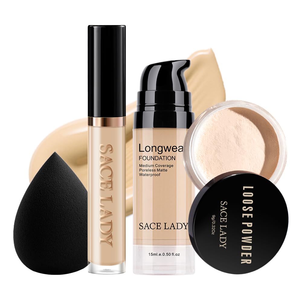 Sace Lady Face Makeup Base Set - Flawless Matte Foundation & Concealer, Waterproof, 4 Pcs