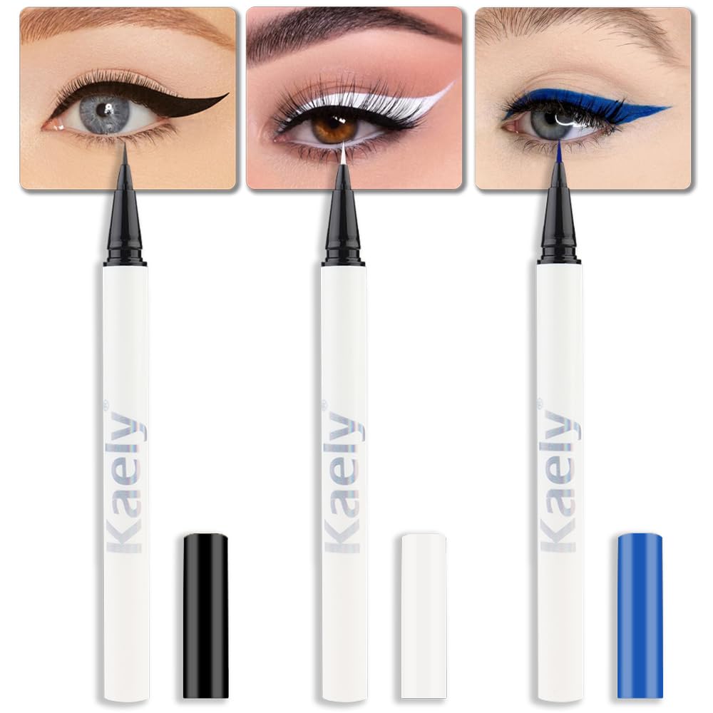 Evpct Waterproof Eyeliner Set - 3 Pcs Black, White, Blue Liquid Eye Liner For Long-Lasting Color