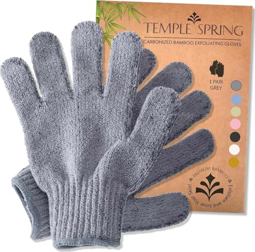 Temple Spring Grey Exfoliating Glove - Carbonized Rayon Bamboo Body Scrubber & Loofah Washcloth