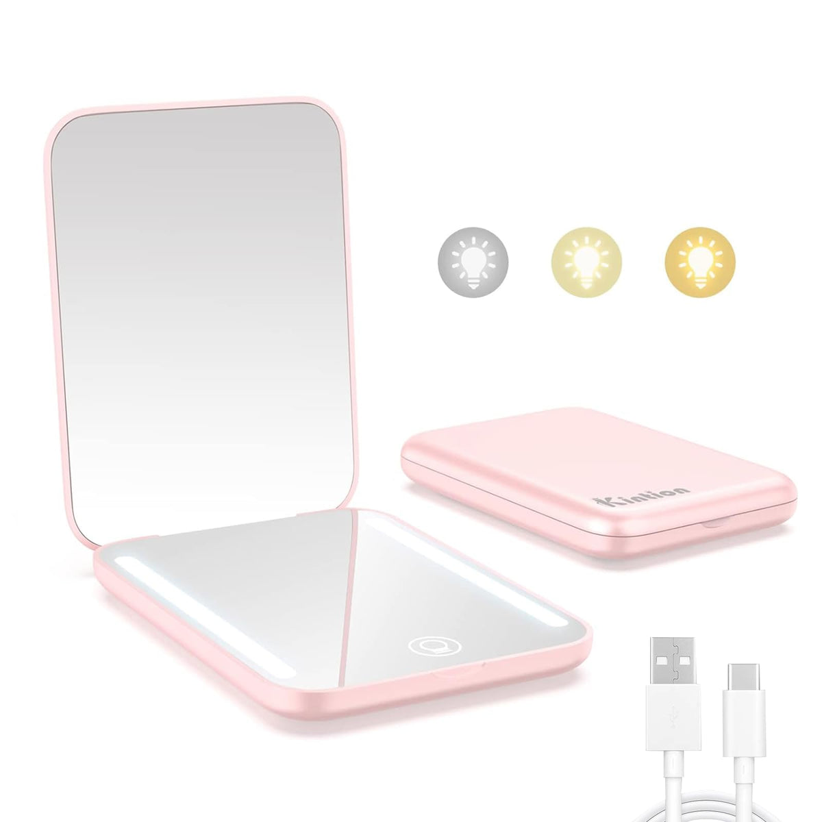 Kintion Pink Rechargeable Pocket Mirror, 1X/3X Magnification, Dimmable Led, Portable Travel Mirror