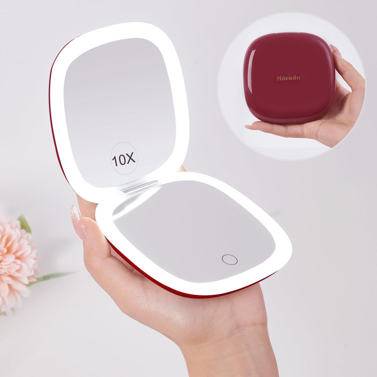 Mocado Compact Led Travel Makeup Mirror - 4&quot; 1X/10X Dimmable Lighted Usb Rechargeable - Wine Red