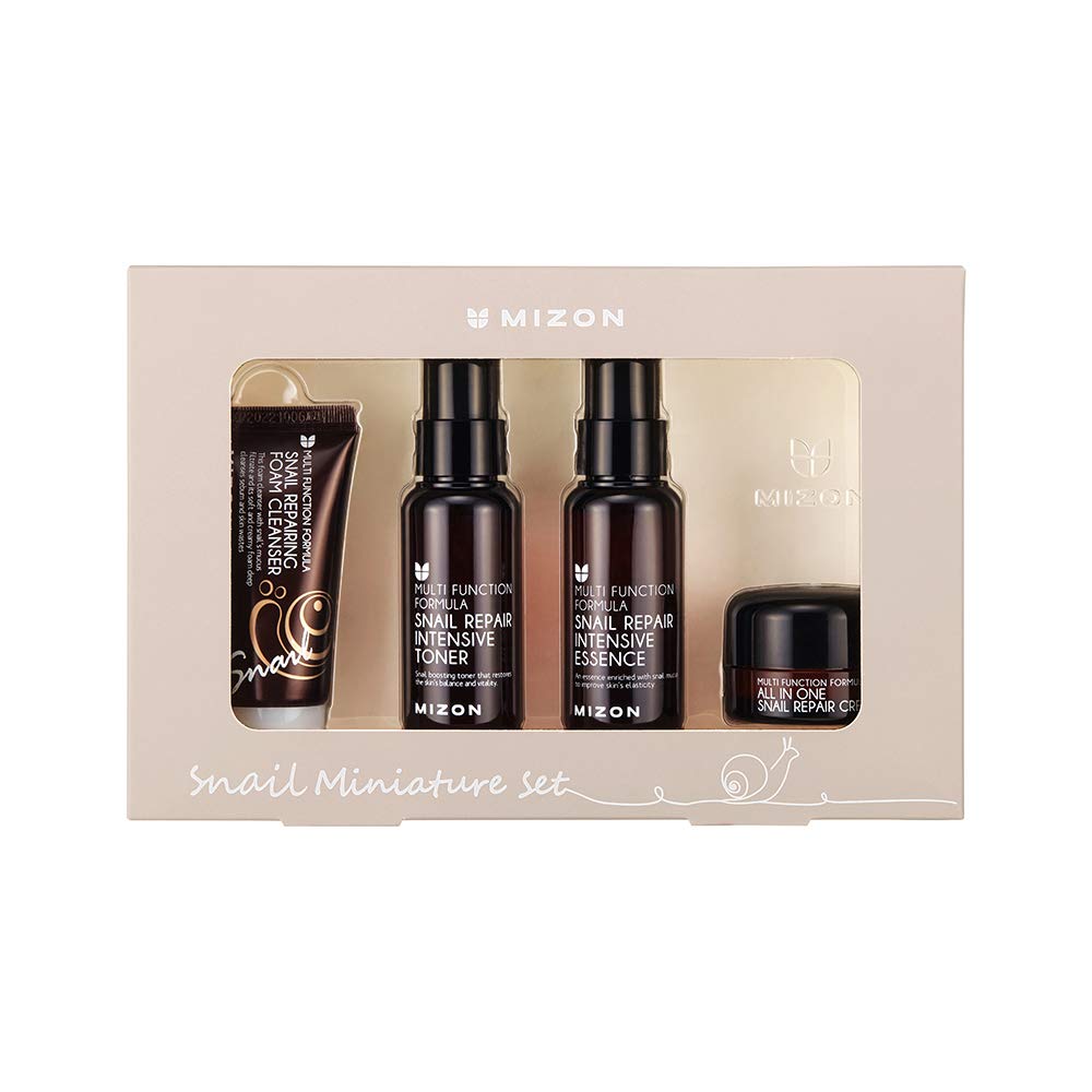 Mizon Snail Line Set - Mini Snail Cleanser, Toner, Essence & Cream For Skin Tone & Moisture