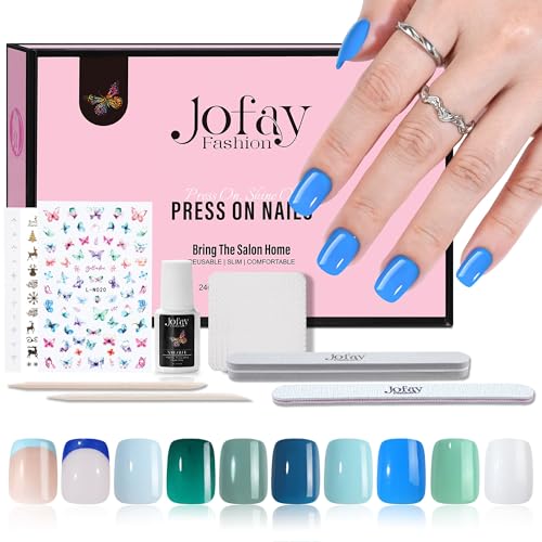 Jofay Fashion Square Press On Nails Kit - 10 Pack, Acrylic Short French Tip Glossy Nails