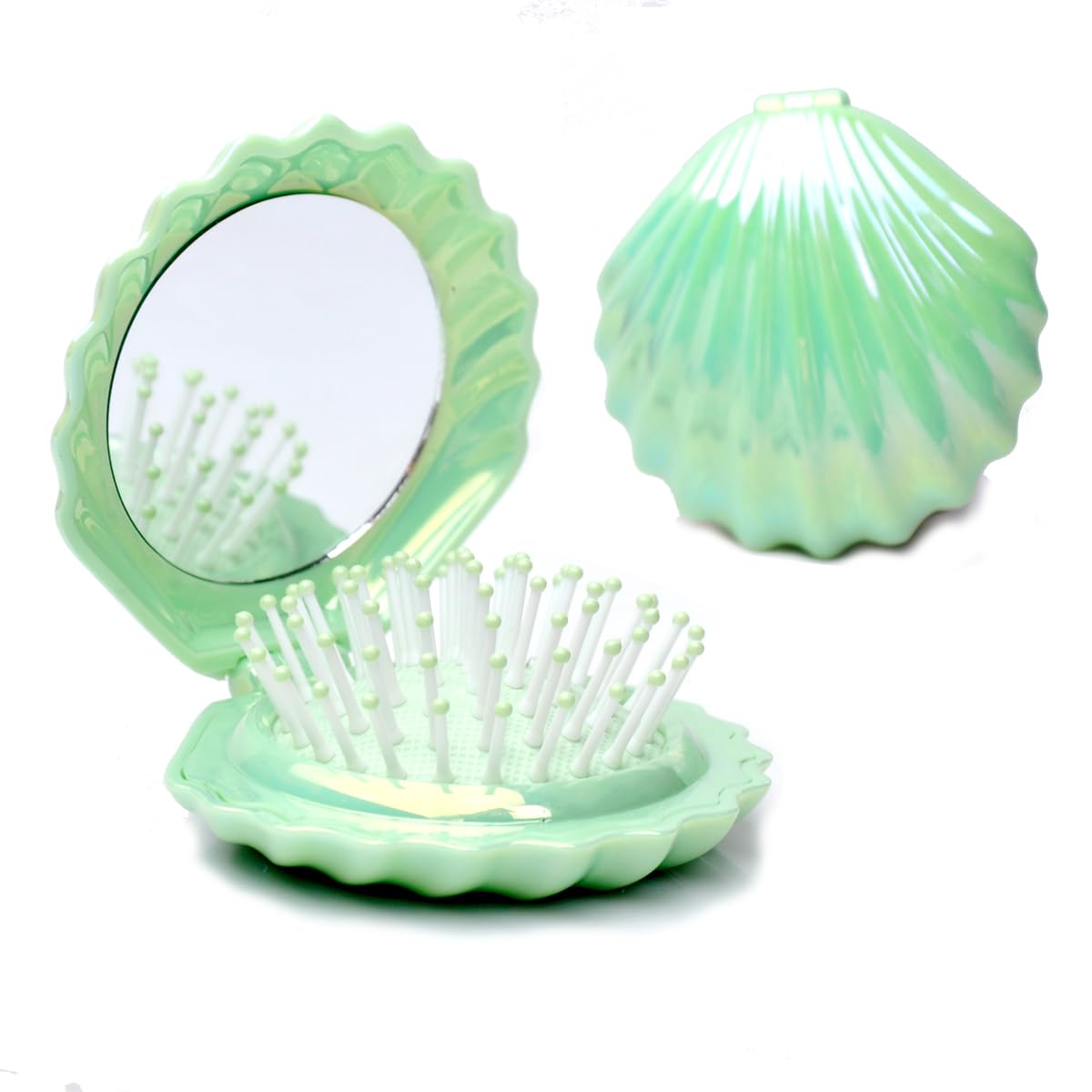 Maji Mama Green Metallic Travel Hair Brush With Mirror - Foldable Pocket Comb For Easy Styling