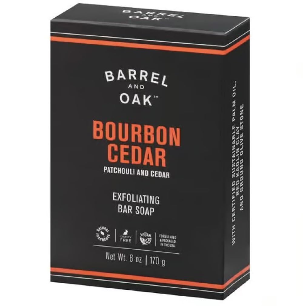 Barrel & Oak Exfoliating Bar Soap For Men, Vegan Natural Exfoliator - Bourbon Cedar, 6 Oz