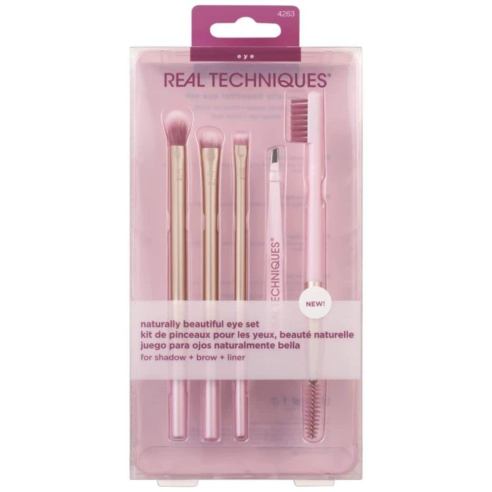 Real Techniques Naturally Beautiful Eye Set - 5 Pc Tapered Shadow & Brow Brushes, Cranberry