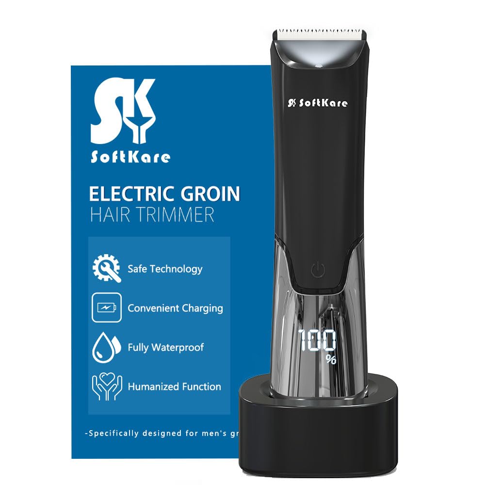 Softkare Men'S Groin Hair Trimmer - Waterproof Electric Razor With Ceramic Blades, Charging Base