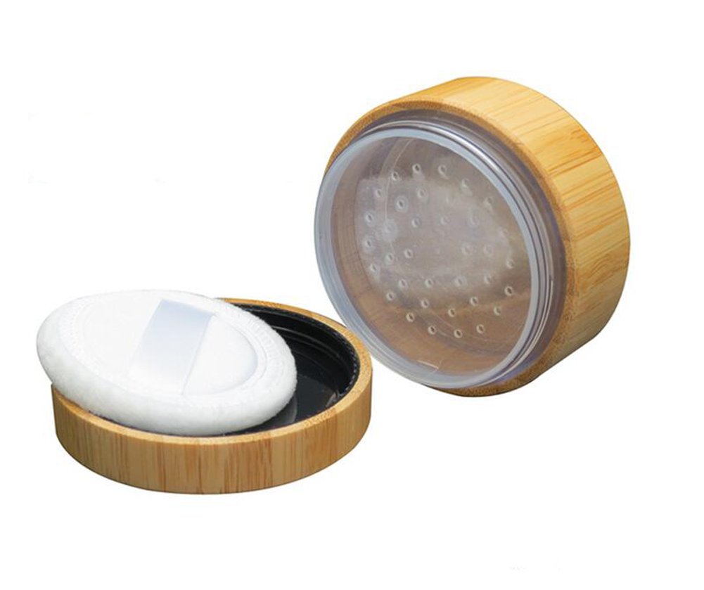 Elandy 30G Bamboo Loose Powder Compact Box With Sifter & Sponge Puff - Brown Cosmetic Jar