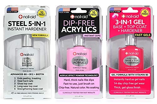 Nail-Aid Steel Hardener & Dip-Free Acrylics Set, 3-In-1 Gel Top Coat, French Sheer, 