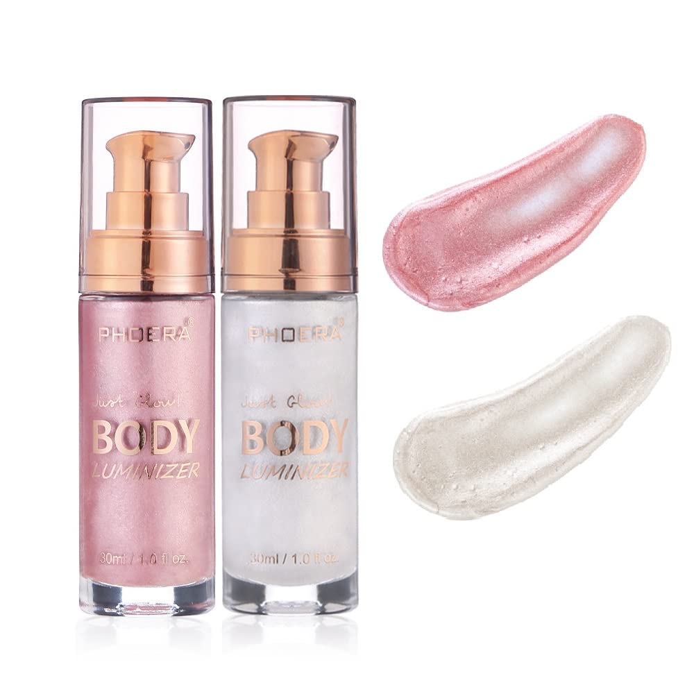 Huaqing 2 Pack Shimmer Body Lotion, Waterproof Glitter Highlighter - Sparkle Pink & White Moonbeam