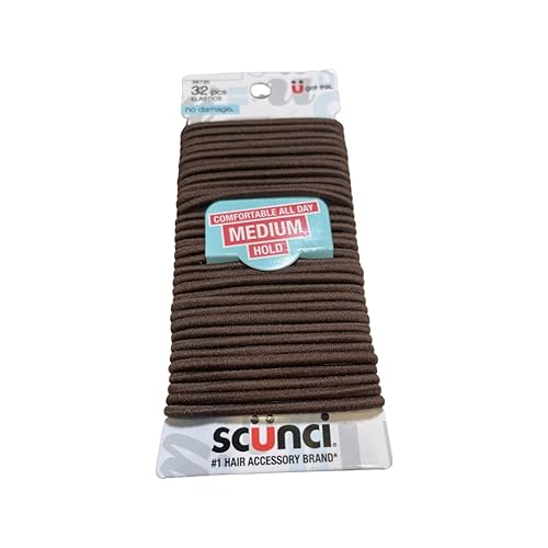 Scunci Brown Elastics, 32 Pcs, Comfortable Medium Hold, No Damage Hair Ties