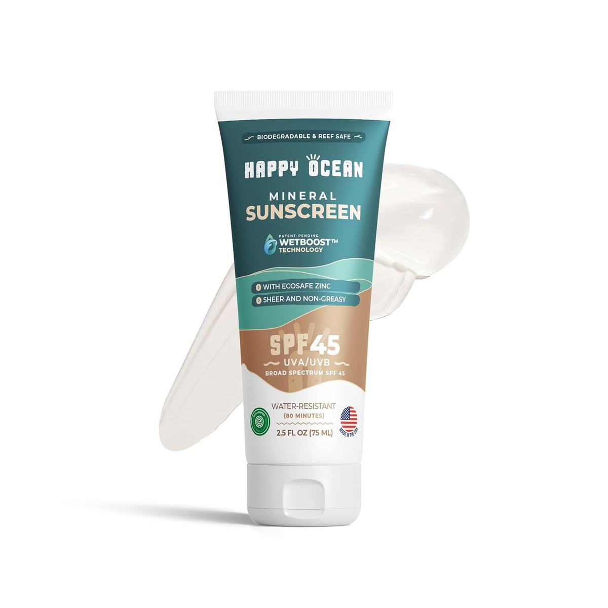 Happy Ocean Spf 45 Biodegradable Mineral Sunscreen, Non Toxic, Reef Safe, Travel Size 2.5 Fl Oz