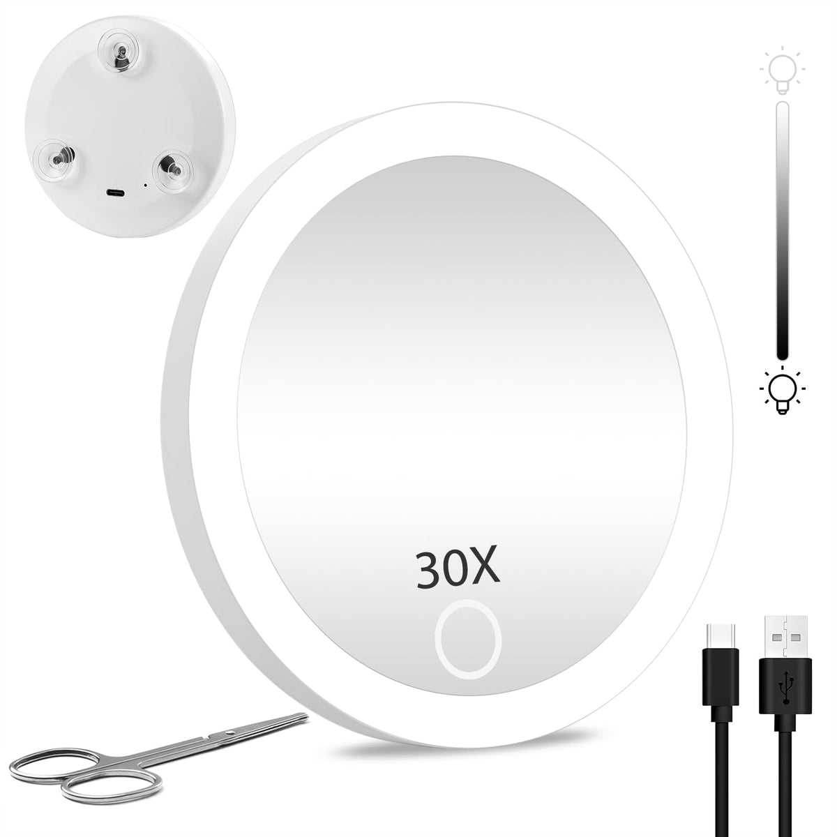 Jjhxr 30X Magnifying Mirror With Lights - Compact 4&quot; Makeup Mirror With Suction Cups, White-30X