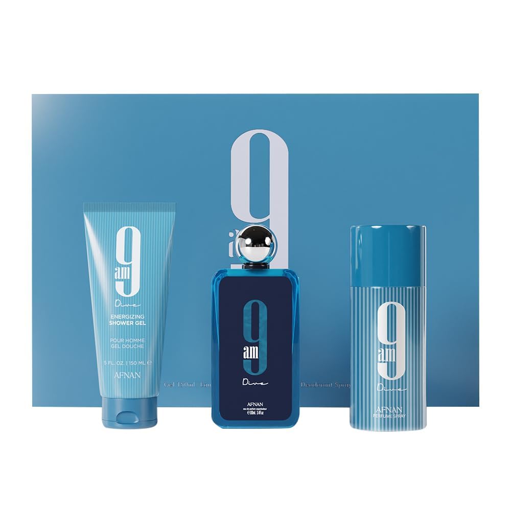 Afnan 9 Am Dive Perfume Gift Set - Eau De Parfum 3.4 Oz, Shower Gel & Deodorant