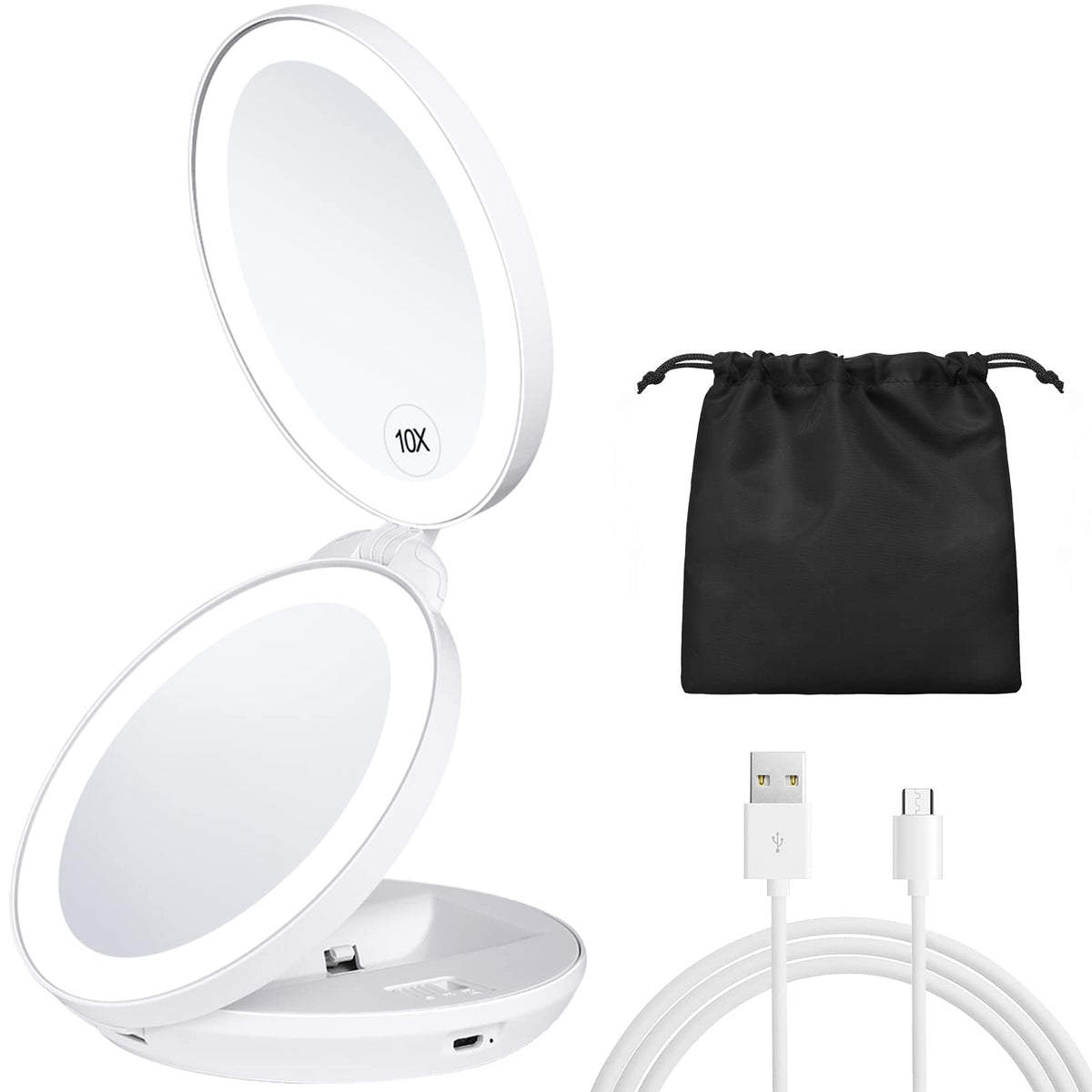 Kedsum Rechargeable Lighted Travel Makeup Mirror, 1X/10X Compact Led Folding Mirror - White