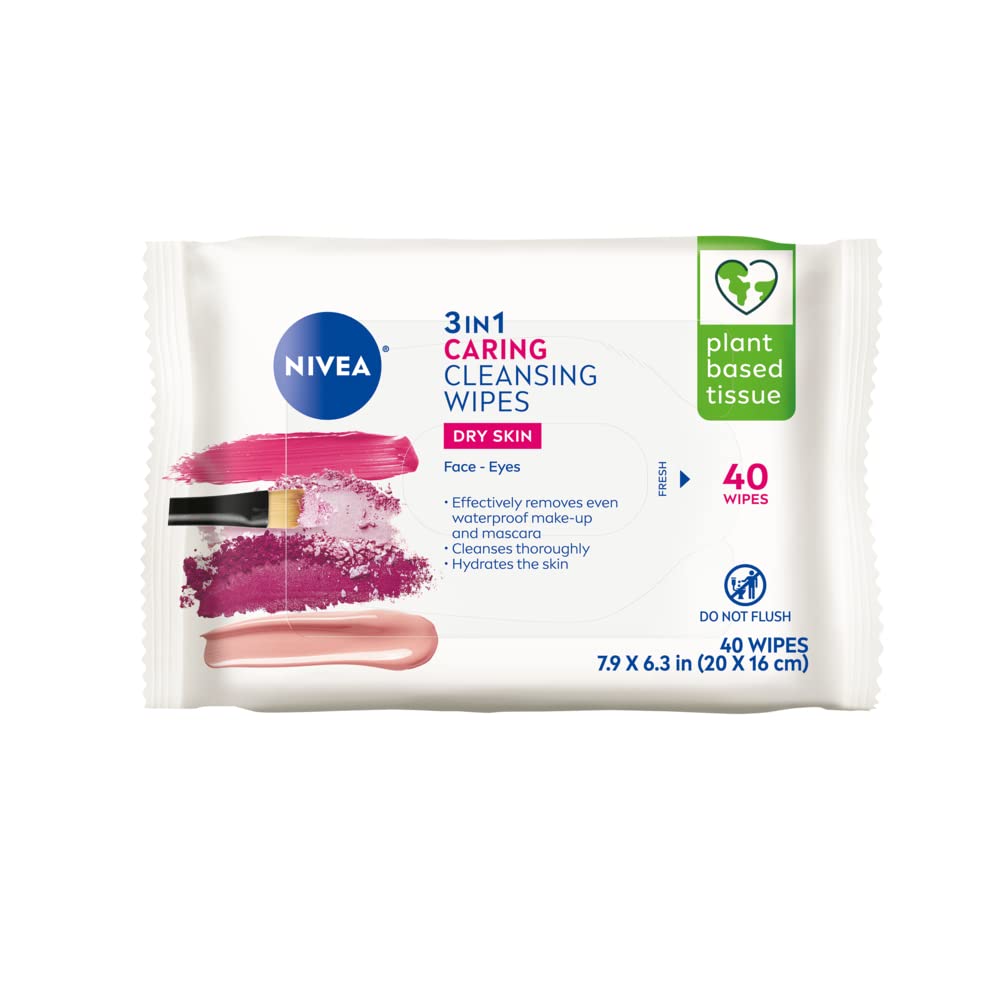 Nivea 3In1 Cleansing Wipes - Waterproof Makeup Remover & Gentle Facial Cleanser For Sensitive Skin, 40 Ct