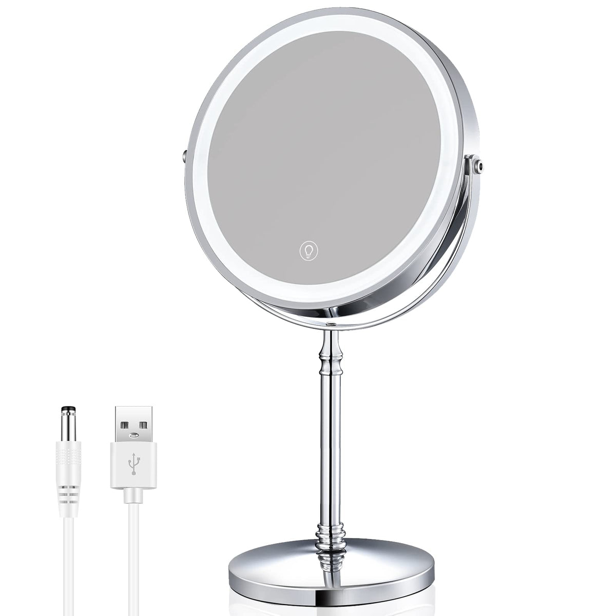 AMZNEVO 8'' Rechargeable Lighted Makeup Mirror, 10X Magnifying, 3 Color LED, Chrome