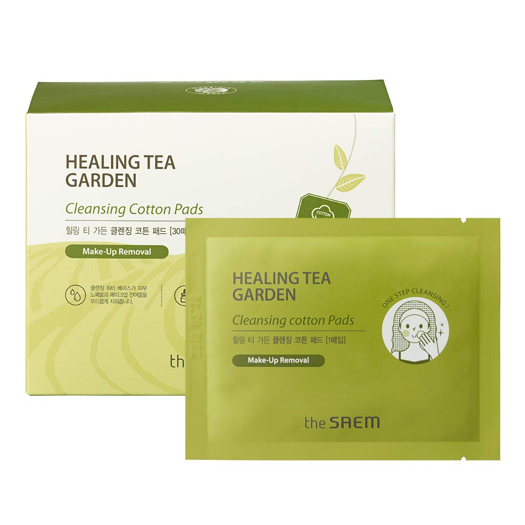 [The Saem] Healing Tea Garden Cleansing Cotton Pads - 100% Pure Cotton, 30 Sheets, Gentle Makeup Remover