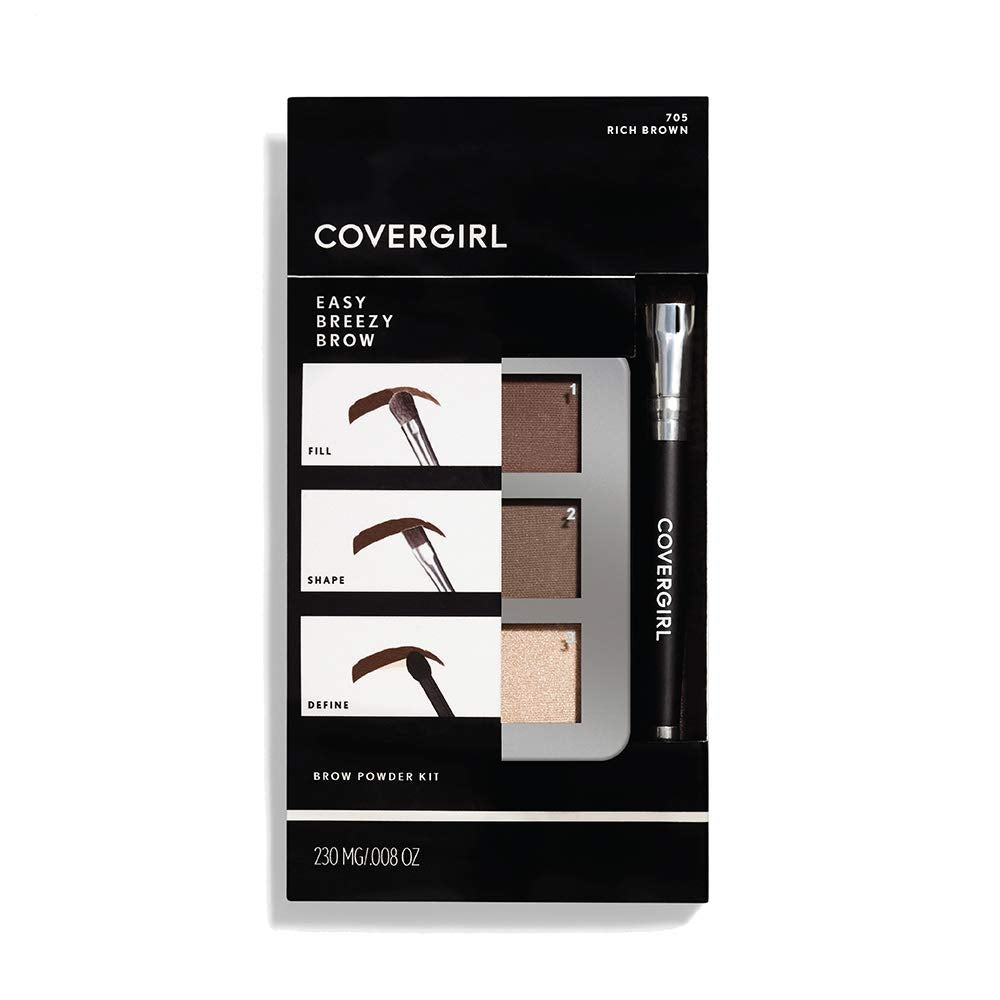 Covergirl Easy Breezy Brow Powder Kit - Rich Brown, 3 Shades, Double-Ended Brush, Cruelty-Free