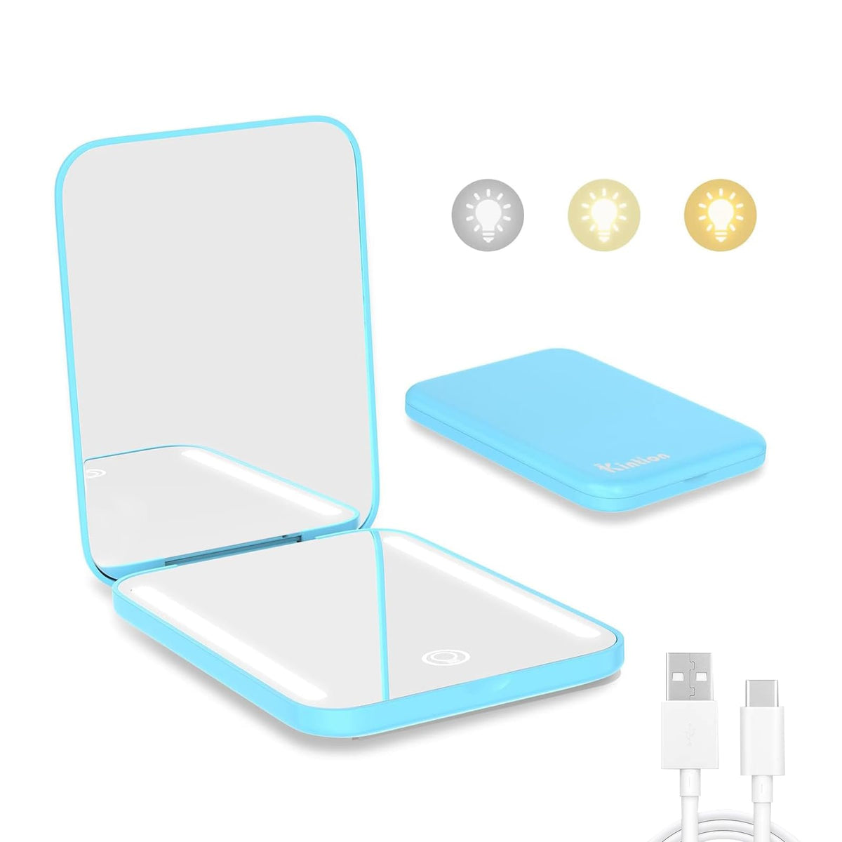 Kintion Blue Rechargeable Pocket Mirror, 1X/3X Magnification, Dimmable, Lighted Travel Compact