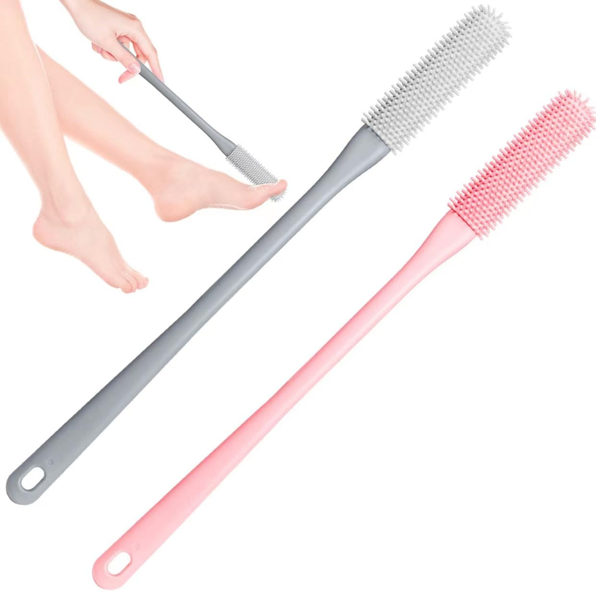 Demarzily Silicone Toe Cleaning Brush With 15.7&quot; Long Handle For Seniors And Elderly - Grey+Pink