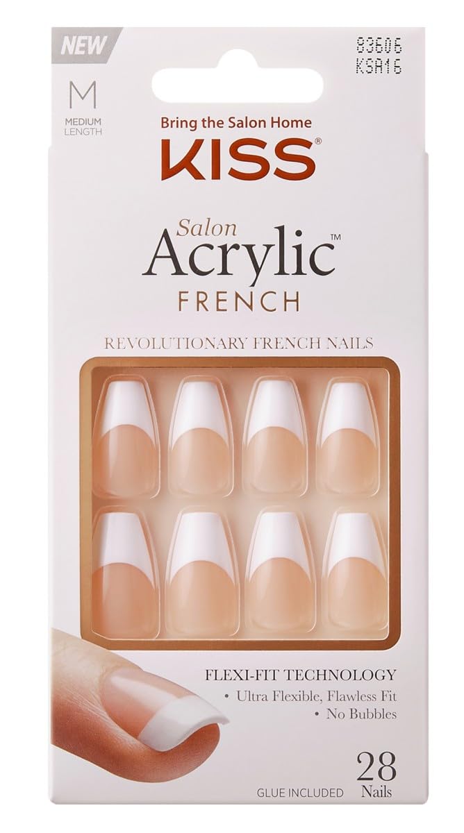 Kiss Acrylic French Nails - Medium Length, 28 Count Tapered (Pack Of 2)