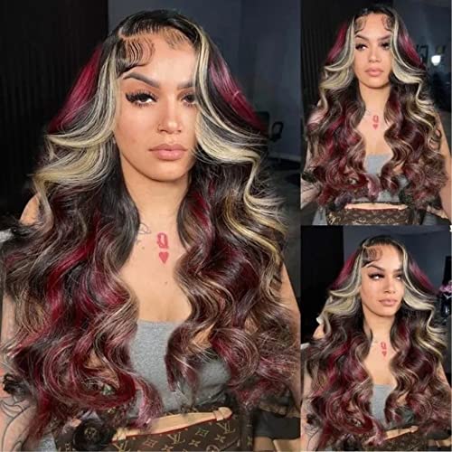 UNICE 22&quot; Skunk Stripe Lace Front Wig - Black Red Blonde Highlights, Human Hair, Body Wave