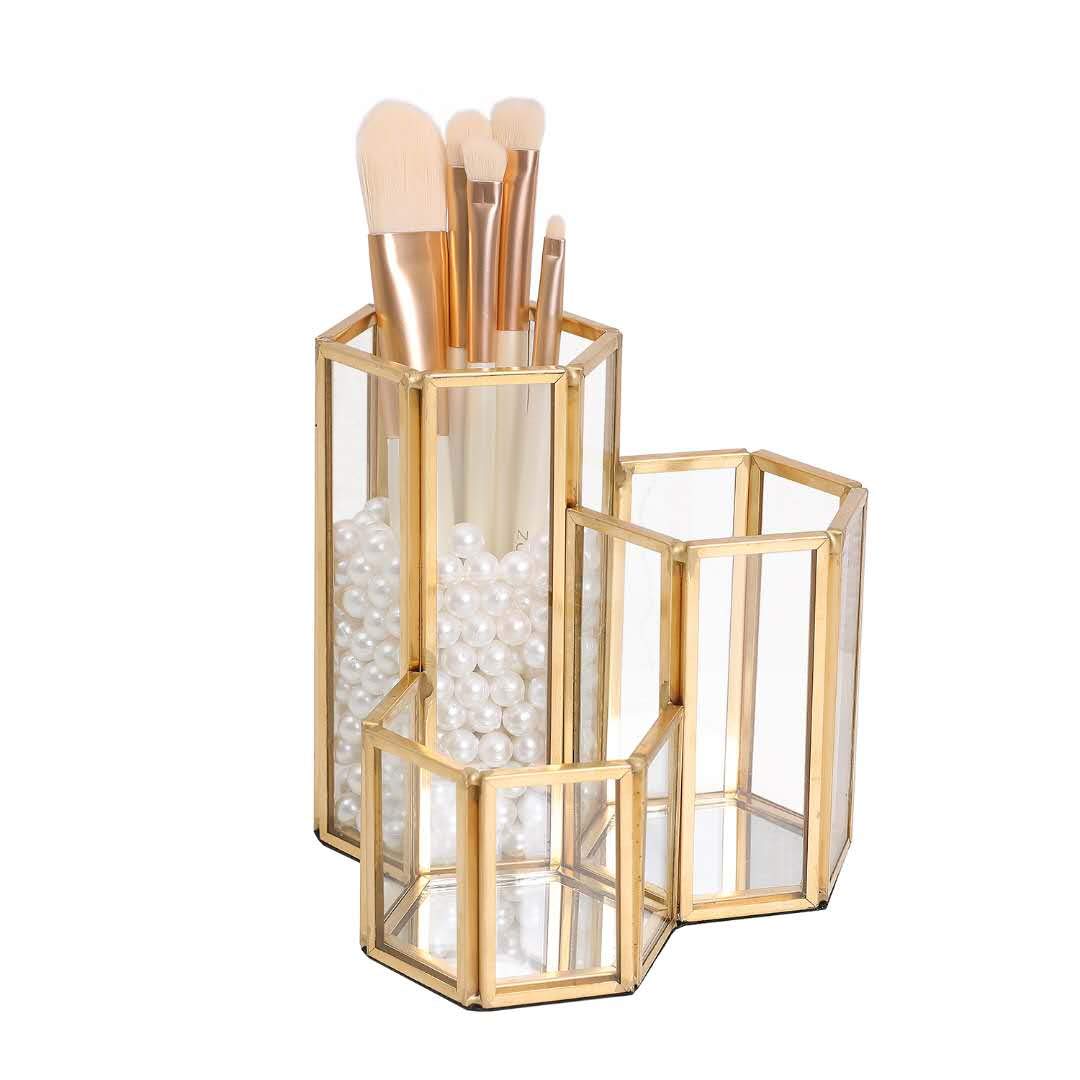 K COOL Gold Glass Makeup Brush Holder - Hexagon 3-Slot Desk Organizer for Women & Girls