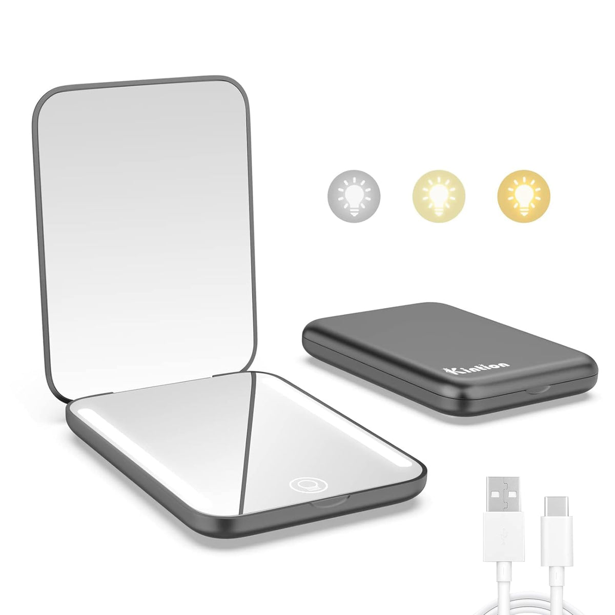 Kintion Rechargeable Pocket Mirror - 1X/3X Magnification, Dimmable Light, Compact & Portable Black