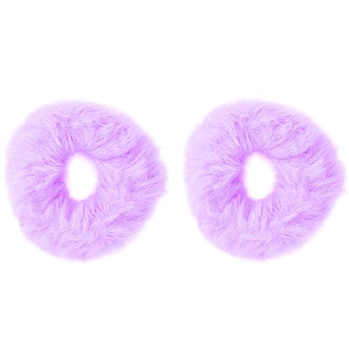 Motique Accessories Small Fuzzy Fur Scrunchies - Light Purple, Set of 2 Furry Pony Holders