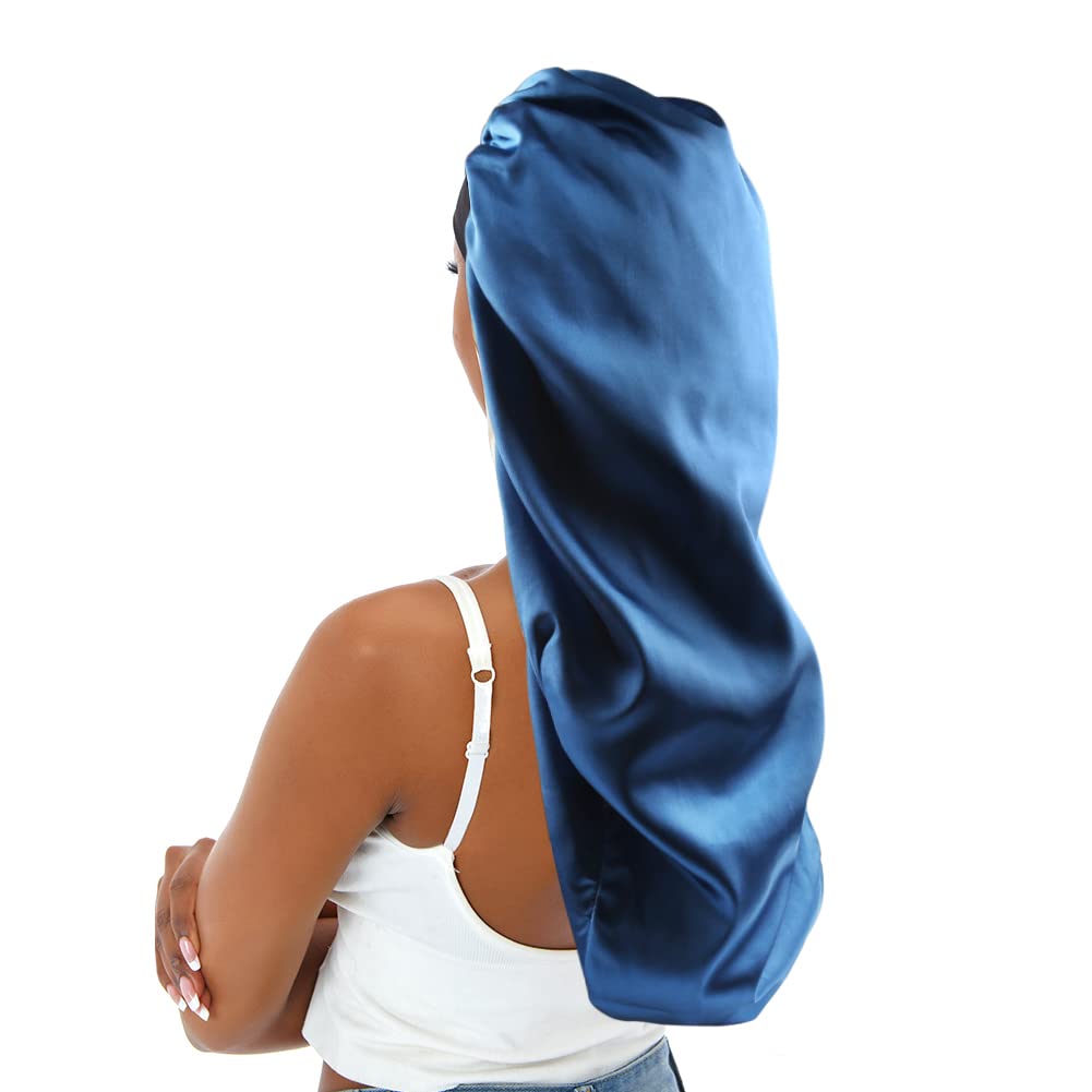 sent hair Extra Long Satin Bonnet - Royal Blue Silky Sleep Cap for Braids & Curly Hair